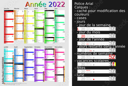 Calendrier 2022, calques, vacances scolaires, Saints, 12 mois