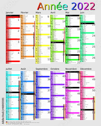 Calendrier 2022, calques, vacances scolaires, Saints, 12 mois