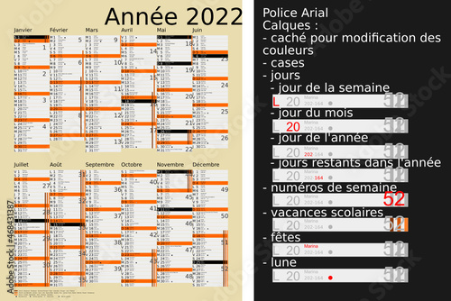 Calendrier 2022, calques, vacances scolaires, Saints, 12 mois