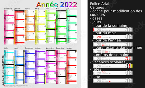 Calendrier 2022, calques, vacances scolaires, Saints, 14 mois