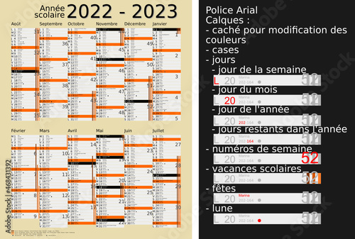 Calendrier scolaire 2022-2023, calques, vacances scolaires, Saints, 12 mois