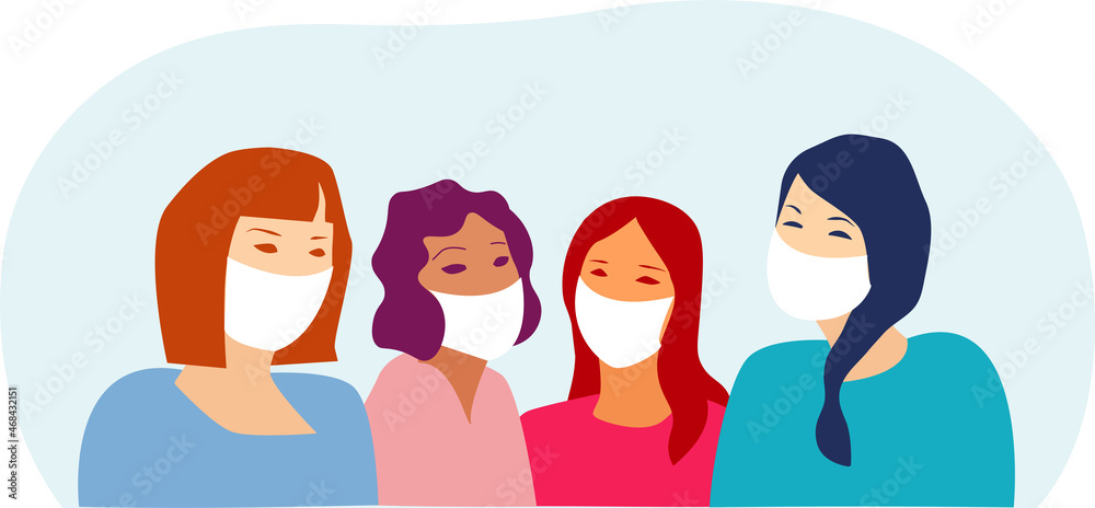 A group of talking to each other and laughing girls. Girls wearing the medical face masks. Students. Vector illustration in flat style A group of talking to each other and laughing girls. Girls wearing the medical face masks. Students. Vector illustration in flat style