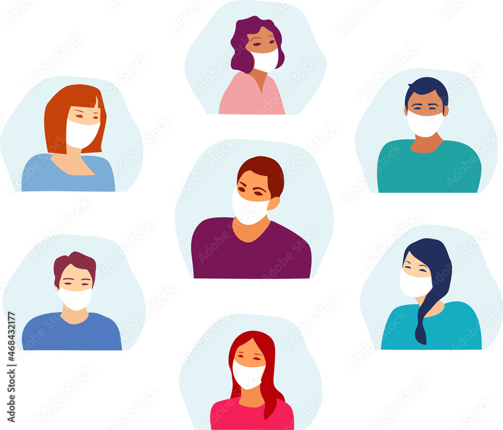 People avatar set. Laughing Boys and girls. Boys and girls wearing the medical face masks. Students. Vector illustration. Flat style People avatar set. Laughing Boys and girls. Boys and girls wearing the medical face masks. Students. Vector illustration. Flat style