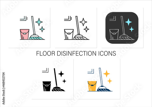 Mopping icons set.Bucket,mop sparkling with tidiness.Concept of floor cleaning,house maintenance service,tidy household.Collection of icons in linear, filled,color styles.Isolated vector illustrations