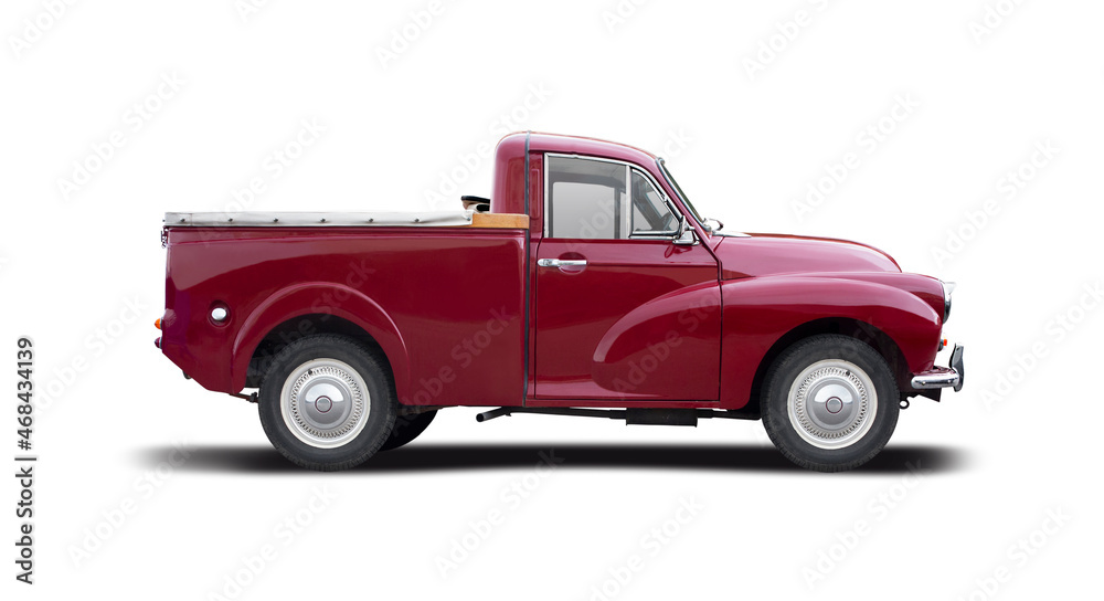 Classic British pick-up truck, side view isolated on white background