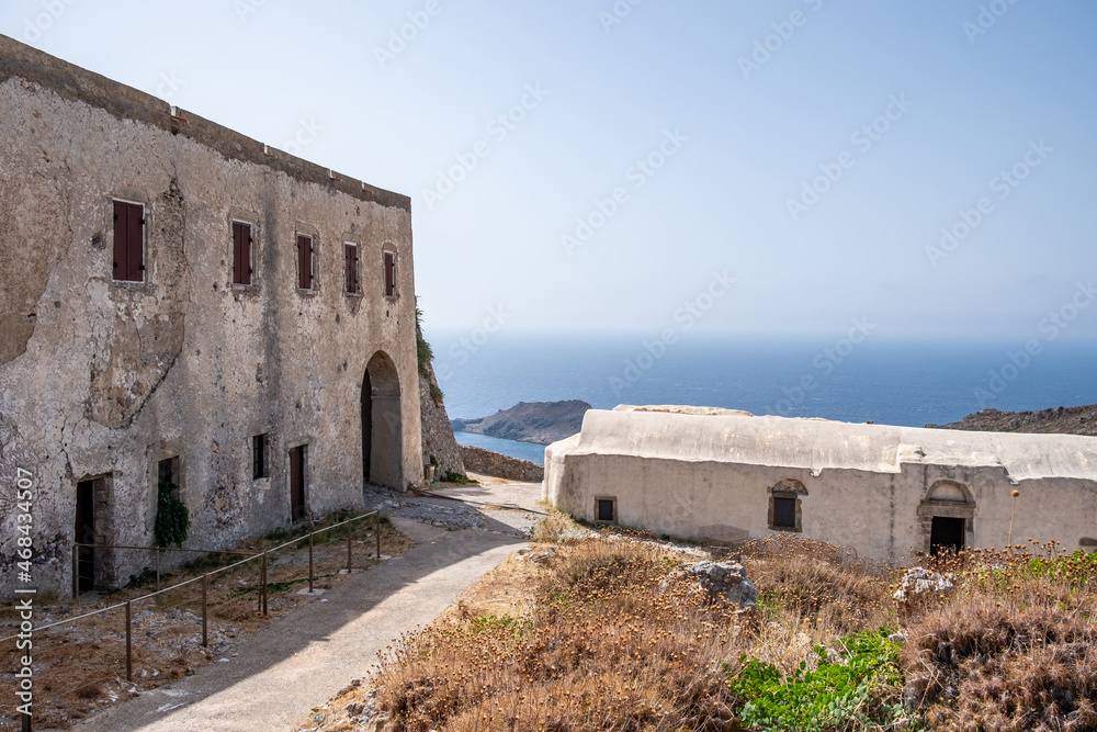 Kythira island, Greece. Venetian Castle or Fortezza Building and ruins of ancient stonewall.