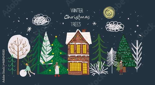 Vector set of winter Christmas trees and sun, snow, snowflake, bush, cats, pandas, people for Creating own New Year and Christmas illustration cards