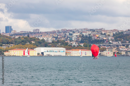 istanbul, turkey, october 29, 2021: the 2nd stage of the presidental international yacht race has been completed in istanbul's bosphorus strait photo