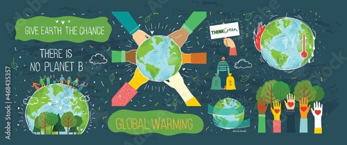People Characters trying to Save Planet Earth. Global Warming and Climate Change Concept backgound poster