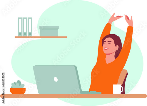 A beautiful girl stretches in the workplace. A woman works out on a break in the office. Healthy lifestyle because of her sedentary position. Stock vector illustration