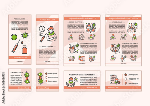 Corona virus effects set of marketing templates. Covid long term system health damage abstract design.Covid19 treatment advertisements include brochures , banner, social poster , flyer,business cards