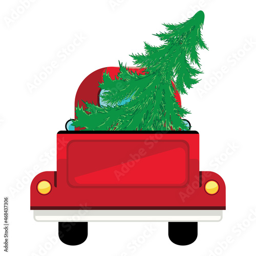 Red pickup with evergreen tree