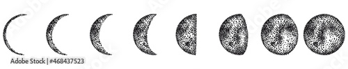 Set of dotted phases of the moon in black isolated on white background.