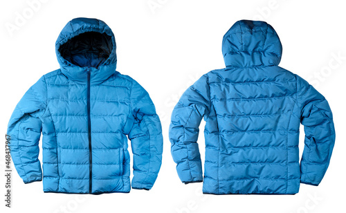 Blue down jacket isolated on white. Ready for clipping path.