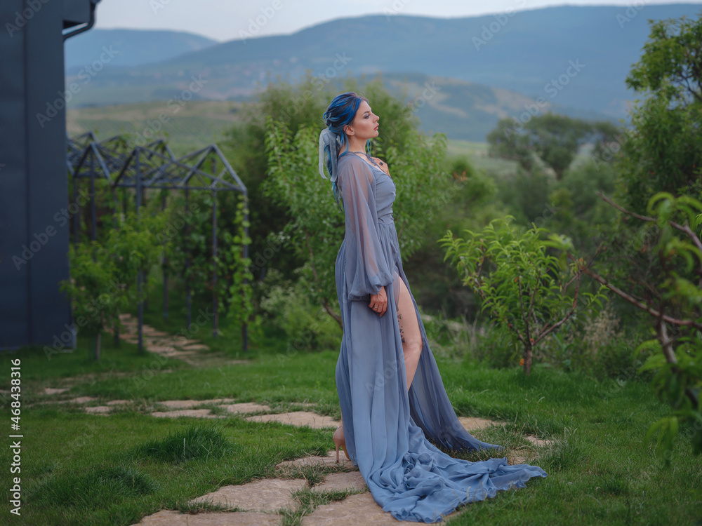 fashionable woman in blue dress in vineyards fashionable woman in blue dress in vineyards