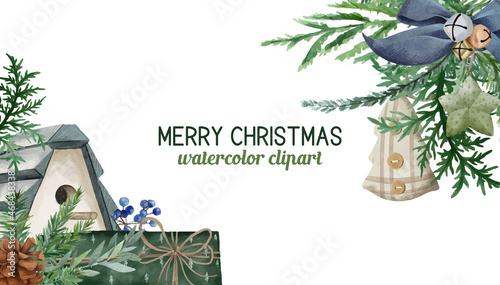 Scandi christmas background with fir branches and scandi elements