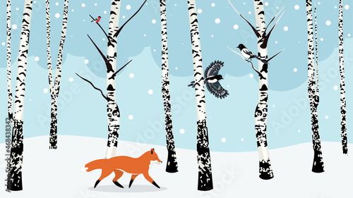Winter birch trees and animals