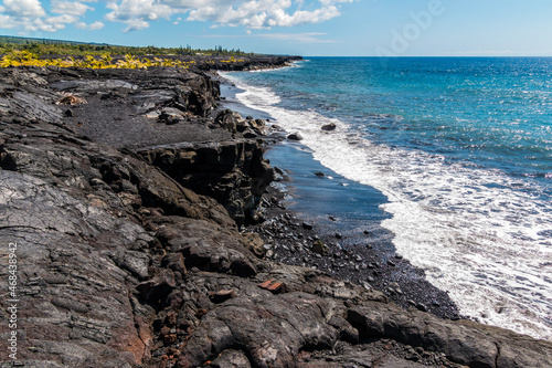 Sea Cliffs Formed by Recent Lava Flows on Kaimu Black Sand Beach, Hawaii Island, Hawaii, USA