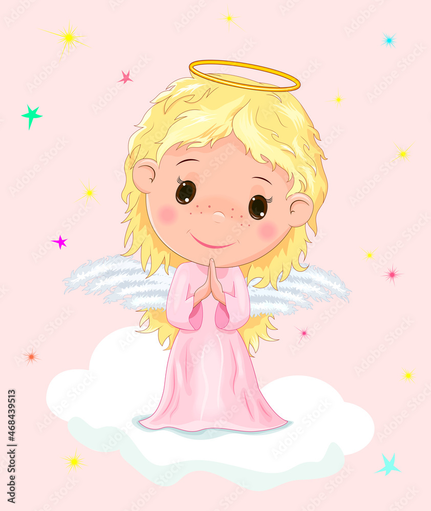 Cute girl child angel. Little angel on a cloud against the background of stars. The baby angel holds his hands for prayer. Angel with curls, wings and a halo