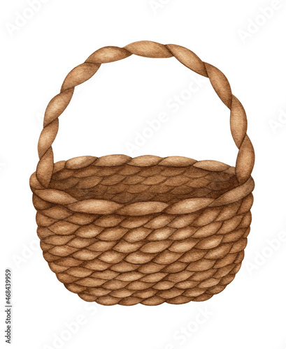 Watercolor empty Brown Wicker Basket. Rustic handle straw hamper. Vintage picnic container. Hand drawn illustration, clipart, element Isolated for Autumn Harvest season, Spring, Easter, Garden design