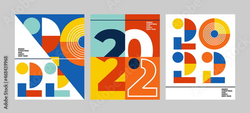 2022 Colorful set of Happy New Year posters. Abstract design with typography style. Vector logo 2022 for celebration and season decoration, backgrounds for branding, banner, cover, card and more.