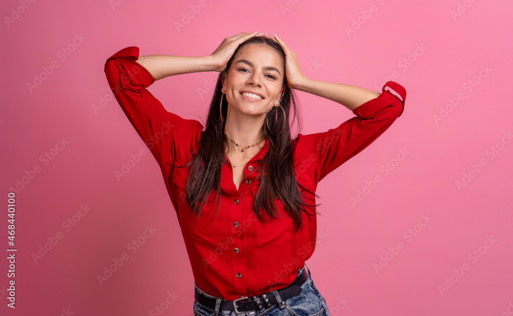 hispanic beautiful woman in red shirt hispanic beautiful woman in red shirt
