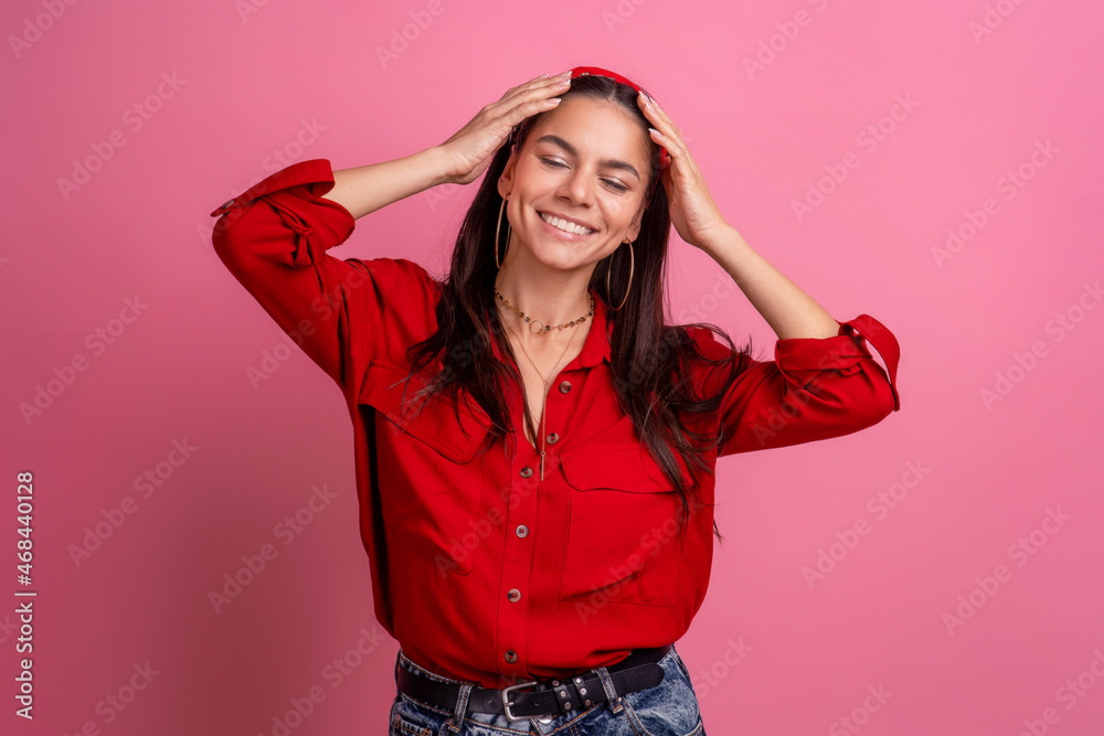 hispanic beautiful woman in red shirt hispanic beautiful woman in red shirt