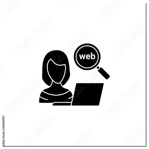Web researcher glyph icon. Obtaining information from internet. Research fresh, new knowledge. Freelance professions concept.Filled flat sign. Isolated silhouette vector illustration