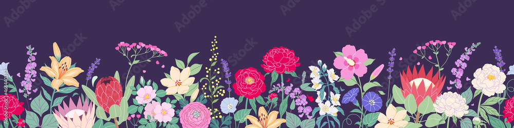 Seamless Border with Blooming Flowers on Dark