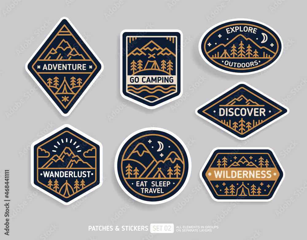 Go Camping, Discover and Adventure Travel badge Patch collection in minimalistic vintage design. Hiking and climbing emblem set. Mountains and camping tent in  forest flat line Vector illustration