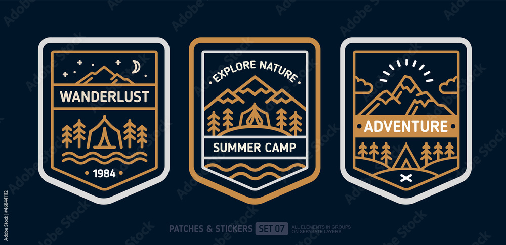 Wanderlust Adventure Travel badge or Cummer Camp Patch in minimalistic retro design. Hiking and climbing emblem set. Mountains and camping tent in a pine forest in flat line style Vector illustration