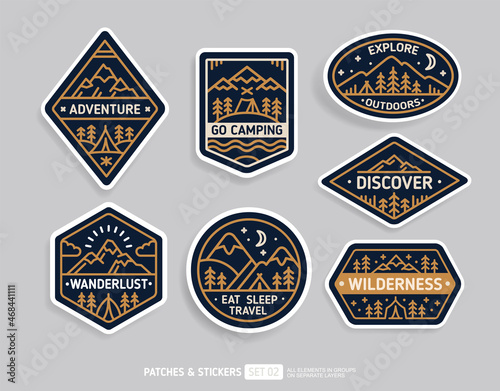 Go Camping, Discover and Adventure Travel badge Patch collection in minimalistic vintage design. Hiking and climbing emblem set. Mountains and camping tent in  forest flat line Vector illustration