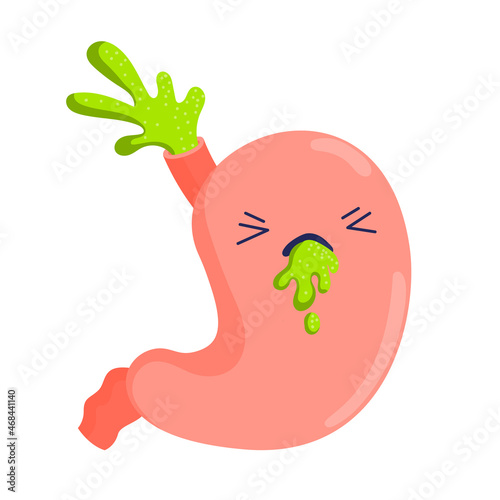 Stomach nausea, vomiting. Cartoon internal organs. Gastrointestinal tract. Healthy and ill stomach. Stock vector illustration isolated on white background.