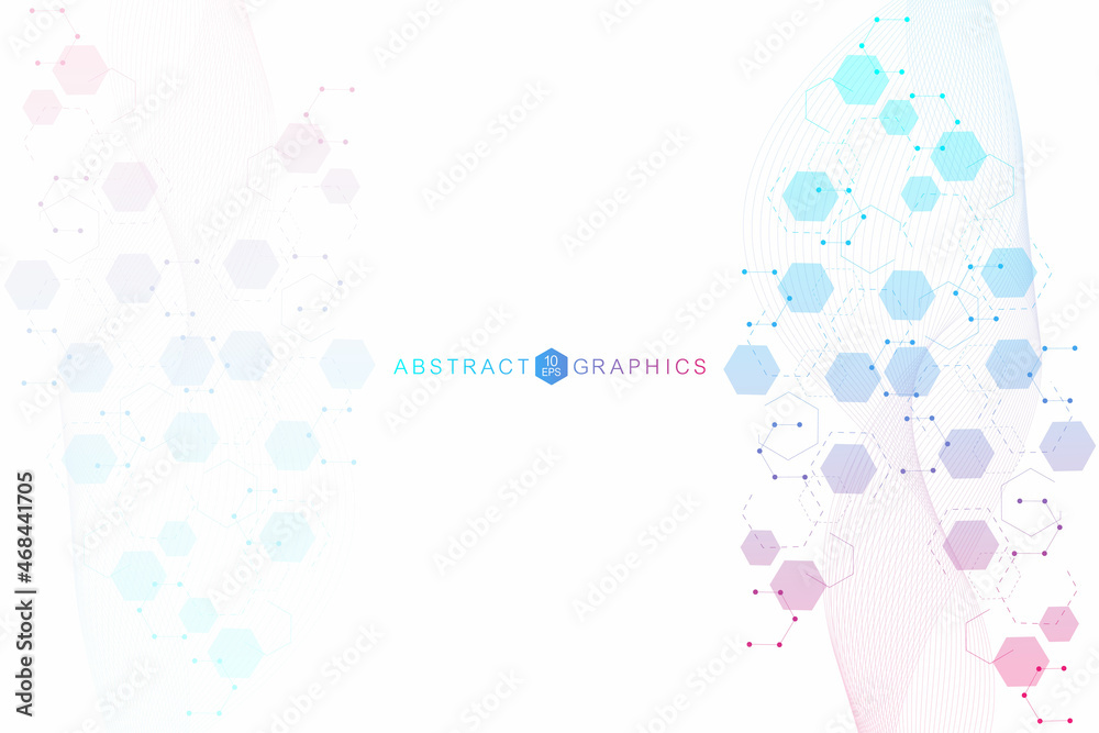 Modern futuristic background of the scientific hexagonal pattern. Virtual abstract background with particle, molecule structure for medical, technology, chemistry, science. Social network vector Modern futuristic background of the scientific hexagonal pattern. Virtual abstract background with particle, molecule structure for medical, technology, chemistry, science. Social network vector