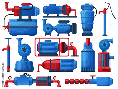 Water pumps, industrial water motor pumping system. Factory water tanks, water pumping compressors vector flat illustration set. Pumping motor systems