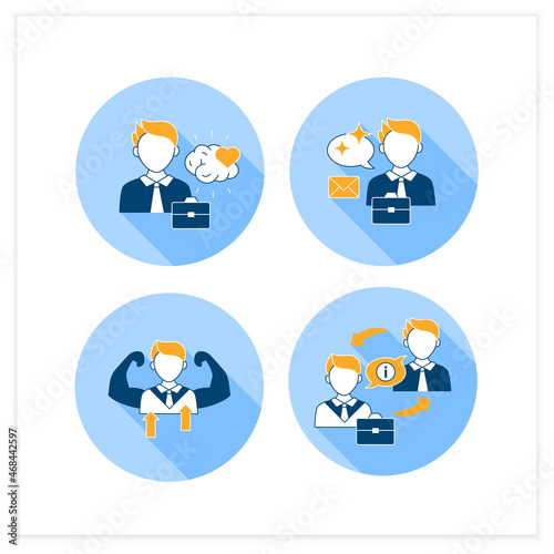 Effective communication flat icons set. Emotional intelligence, self confidence, clear message, exchanging information. Intercourse concept. Vector illustrations