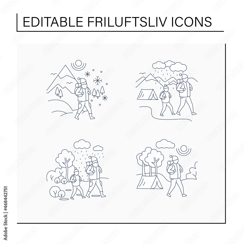 Obraz premium Friluftsliv line icons. Family hiking. Green, eco tourism. Adventure tourism. Nature landscape. Nordic outdoor activities concept.Isolated vector illustrations.Editable stroke