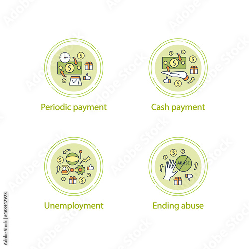 Universal basic income concept icons set. Periodic, cash payment, unemployment, ending abuse.Global economy concept. Vector isolated conception metaphor illustrations