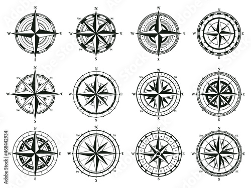 Vintage rose wind compass, sea boat navigation skipper compass. Sea wind rose old marine navigation compass vector symbols set. Retro marine nautical compass sings