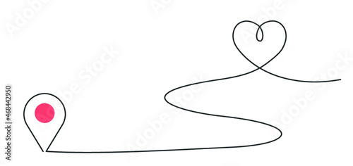 Continuous line direction from the location marker to the heart. GPS navigation pointers. Vector illustration.