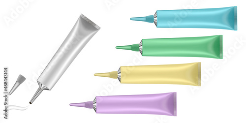 Set of 5 tubes with long nozzle and silver cap. White, pink, yellow, green and blue. Cosmetic packaging. Serum or ointment. Gel or cream. Vector illustration isolated on a white background. 3d