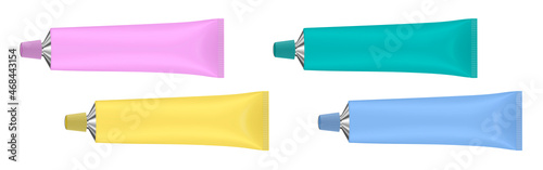 Set of 4 multicolored tubes. Vector illustration of cream or toothpaste tube. Ointment. Salve. Glue tube. Oil paint. Pink, yellow, green and blue metal tubes.