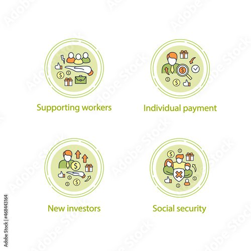 Universal basic income concept icons set. Supporting workers, new investors, social security, individual payment.Global economy concept. Vector isolated conception metaphor illustrations