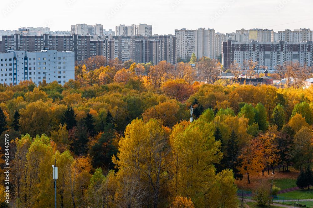 Aerial view of autumn in Zelenograd District 11 in Moscow, Russia