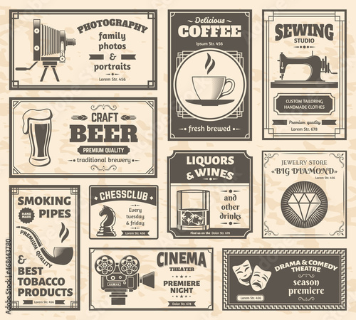 Vintage old newspaper page advertising retro banners. Retro newspaper shops and services ads templates vector illustration set. Old press paper advertisement