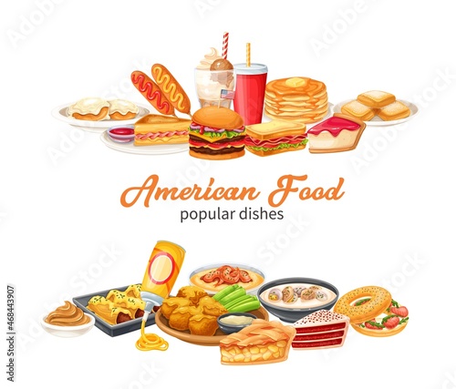 American food banners. Red velvet cake, grits, monte cristo sandwich, pancakes, maple and spray cheese. Corn dog, clam chowder, biscuits and gravy, apple pie, blt, sandwich and buffalo wings vector.