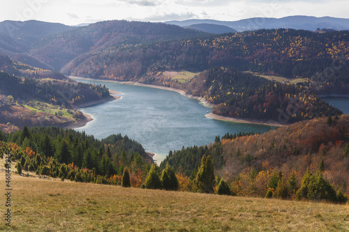 Lake In The Mountains. Autumn  landscape with foggy atmosphere.  Zlatar Lake on the Uvac River, Zlatar mountain, Serbia  photo