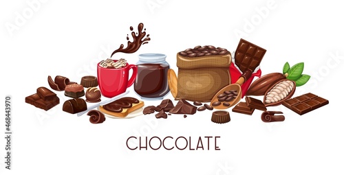 Chocolate icon horizontal banner Candy, Cocoa Beans, popsicle, Chips, Chocolate Bar, spred and ets for confectionery products shop. Vector illustration.
