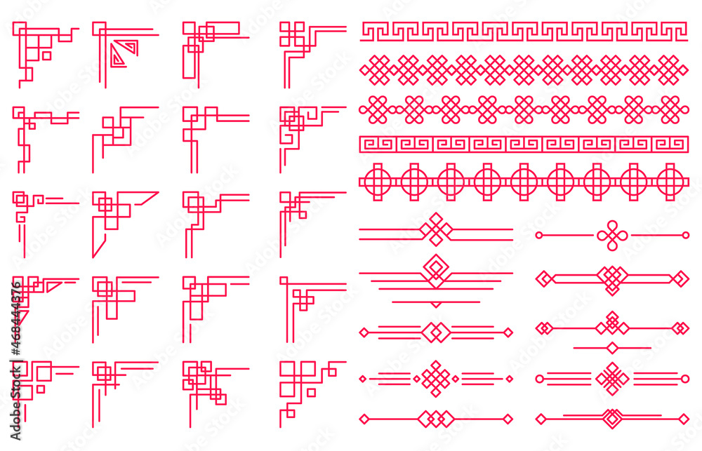 Traditional chinese oriental decorative border elements and separators. Asian festive ornament corners and borders vector illustration set