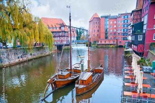 Stintmarkt (smelt market) with traditional boats in Luneburg, Germany photo